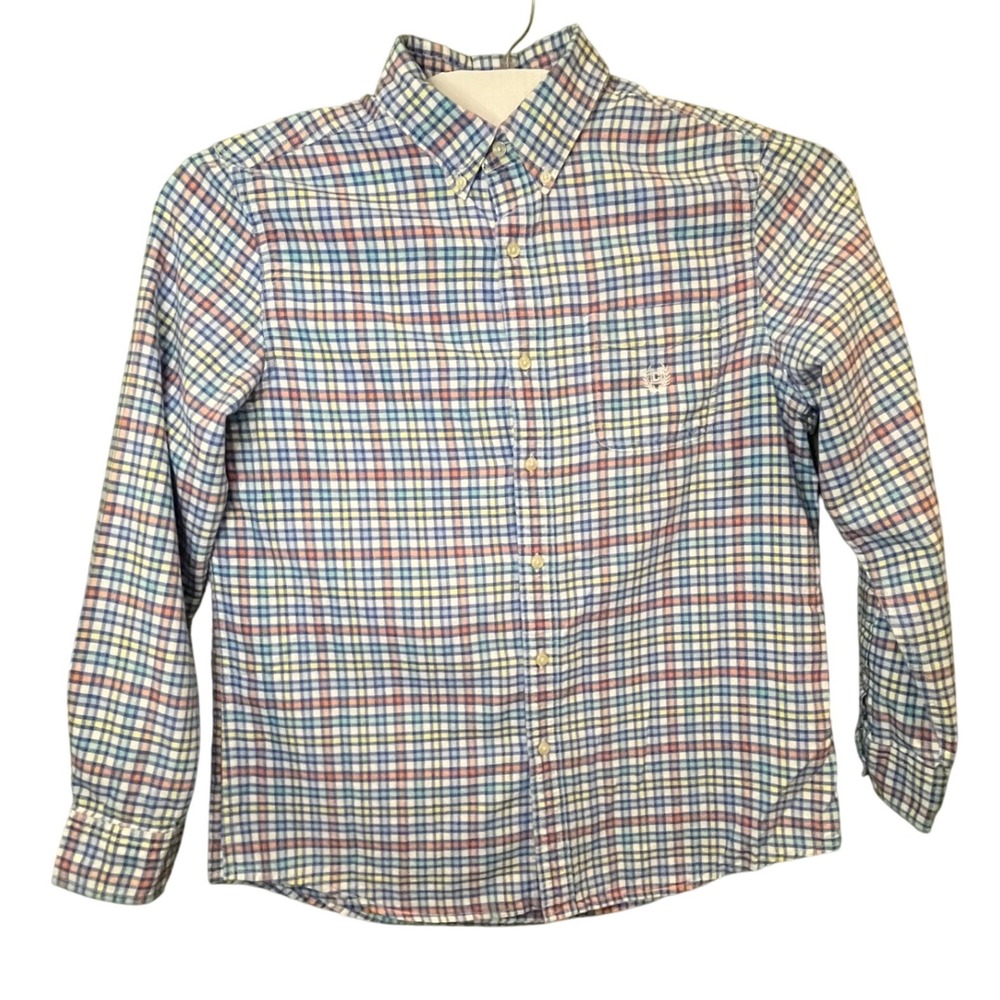 Chaps Mens Large Plaid Button Down Shirt Blue Orange Yellow Cotton Long Sleeve